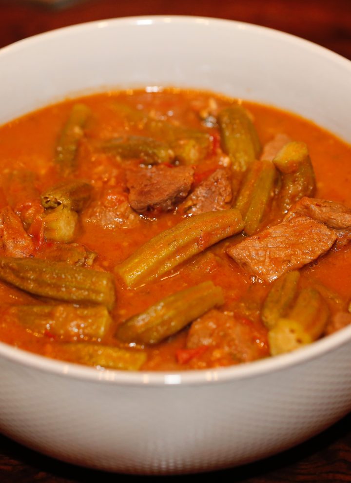 Pictured above is Okra stew cooked with meat, ready to eat. South Sudanese, Middle-eastern cuisine.