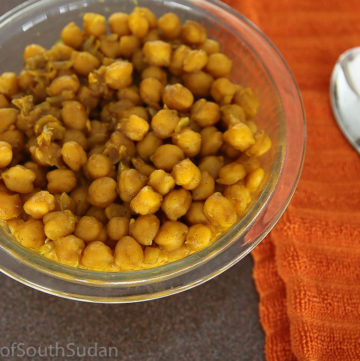 Pictured above is sauteed chickpeas, South Sudan food, Sudanese food, Mediterranean recipe.