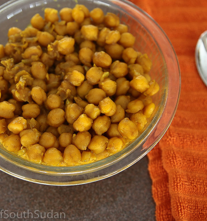 Pictured above is sauteed chickpeas, South Sudan food, Sudanese food, Mediterranean recipe.