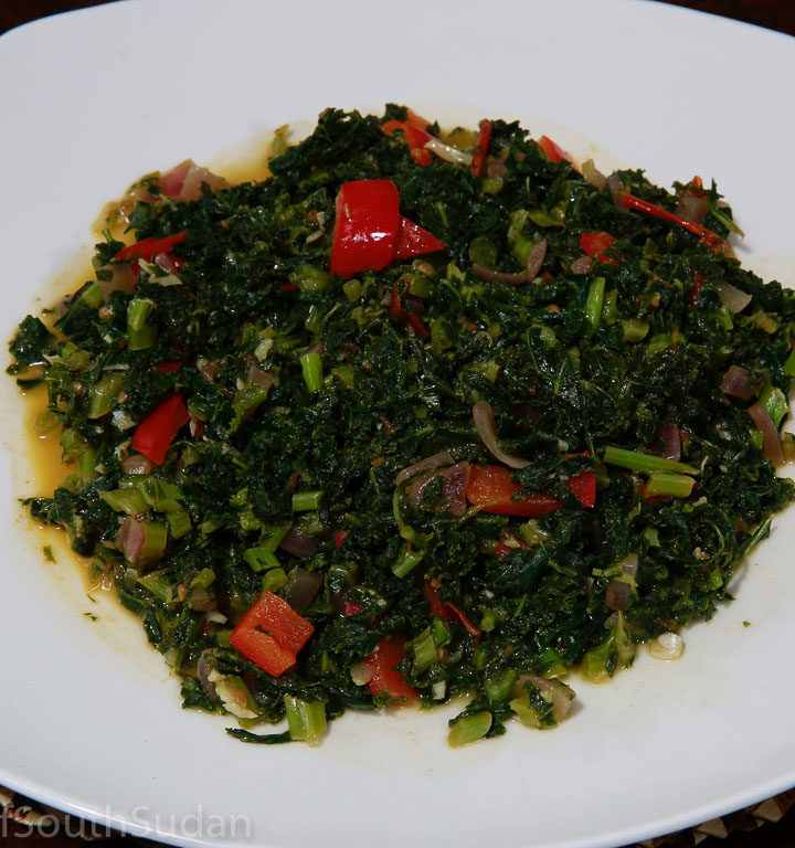 Pictured above is a dish of sukuma wiki, kale recipe, South Sudanese food, Kenyan food